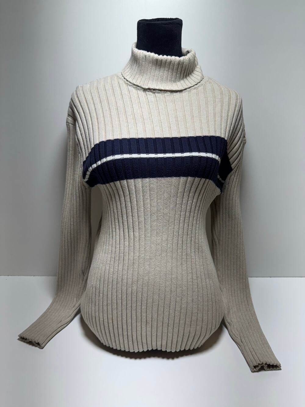 Old Navy Sz L Perfect Fit Ribbed Turtleneck Sweater Taupe Blue Classic
